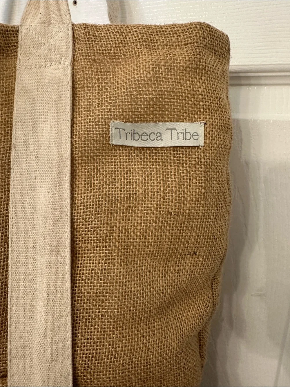 Tribeca Tribe Jute Cotton Blend Tote Bag‎ Tan Cream Boho Shoulder Bag Pocket